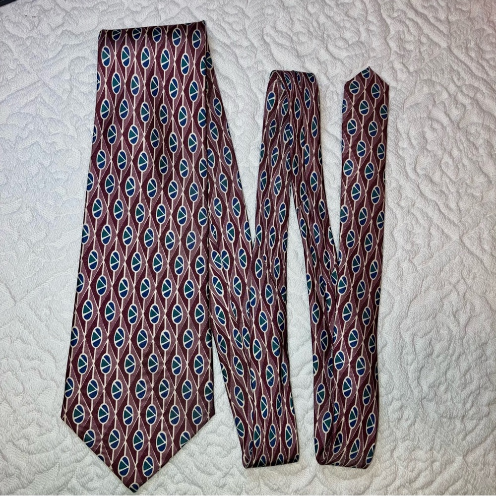 Vintage Eaton silk tie, geometric pattern, pink, blue, green